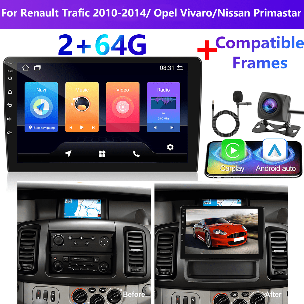 Image of [2g+64g]podofo For 13 Stereo For Trafic 2010-2014/ / For (frame Included) Double Din For Auto, 10 Inch Touchscreen Din With Gps Navigation Wireless Fm Hifi Wifi Usb + Ahd Backup