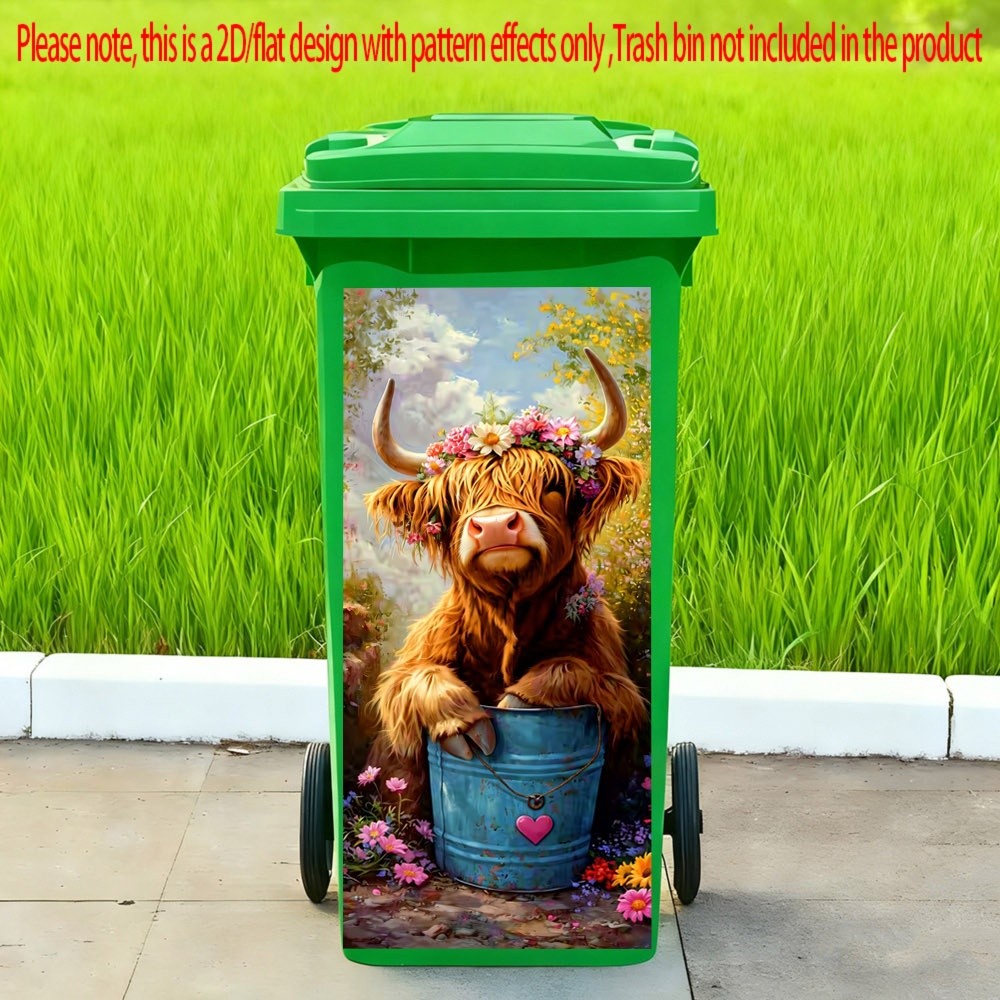 TEMU 1pc 2d Flat Cute Highland Cow With Flower Wreath Illustration Pattern Trash Can Sticker Outdoors Waterproof Bin Stickers Self Adhesive Wallpaper