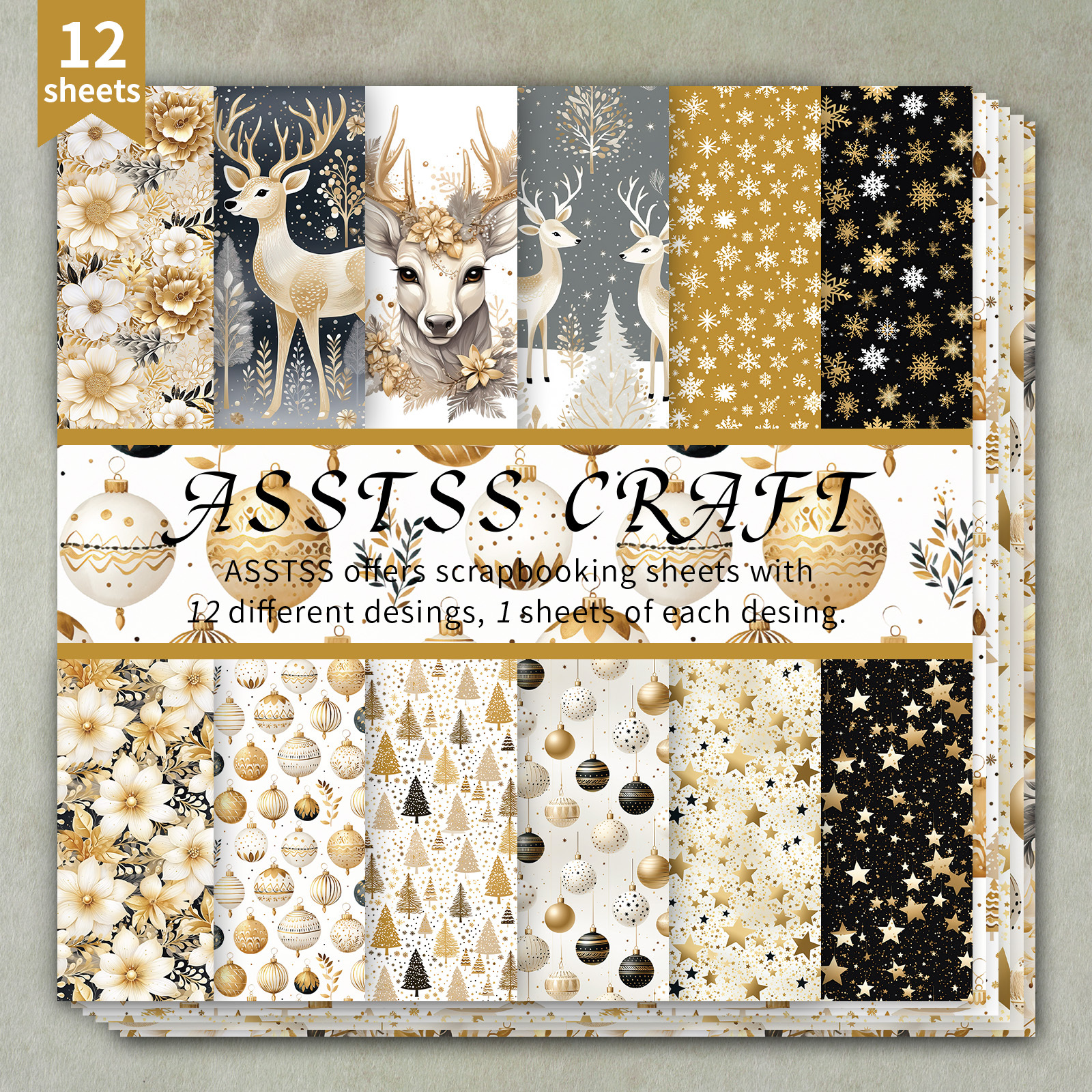 TEMU Bloc de Papier Scrapbooking 12 Feuilles ASSTSS, Fournitures de Papier de Fond pour Noël, Carton Épais pour Journaling, Art de Collage, Cartes de