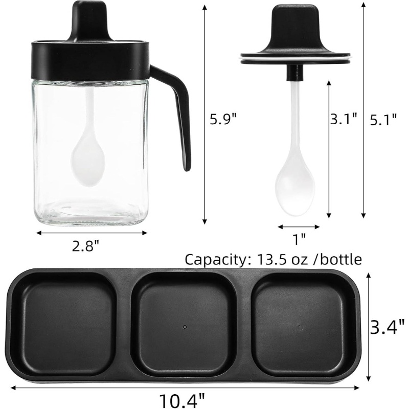 set of 3   condiment jars with lids & spoons - 13.5oz salt, pepper,   containers with tray, modern black kitchen pantry storage set, seasoning box for countertop organization Product details 1