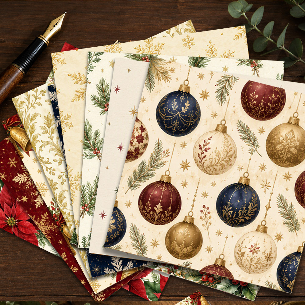 TEMU 24 Christmas Pattern Papers In , Green & Golden, Featuring Snowflakes, Holly, Bells And Festive , 5.9 X 5.9 Inch Square Sheets For Card Making,