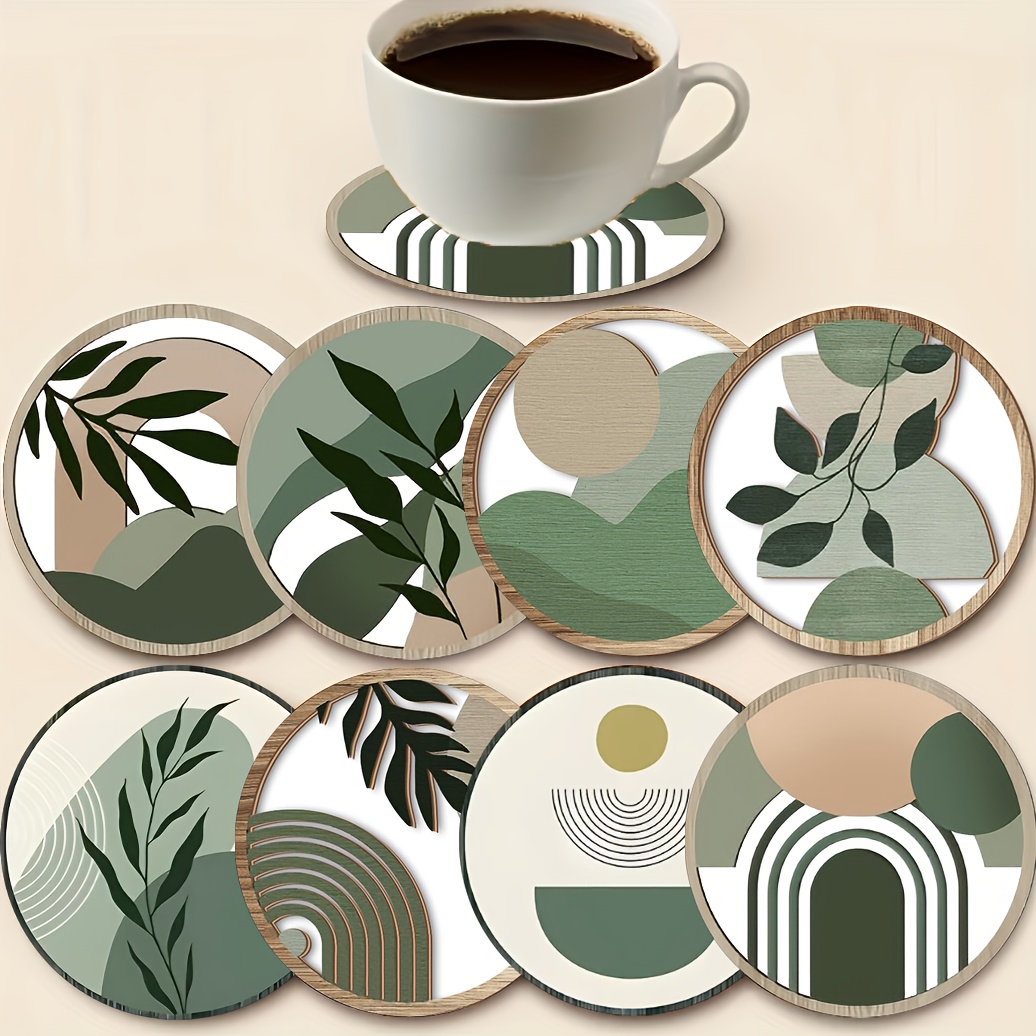 Image of 8pcs Bohemian Style Green Healthy Minimalist Coaster Set, For , Suitable For Protecting Table Surfaces On Cups And Mugs Home Decor, Office, Kitchen, Bar