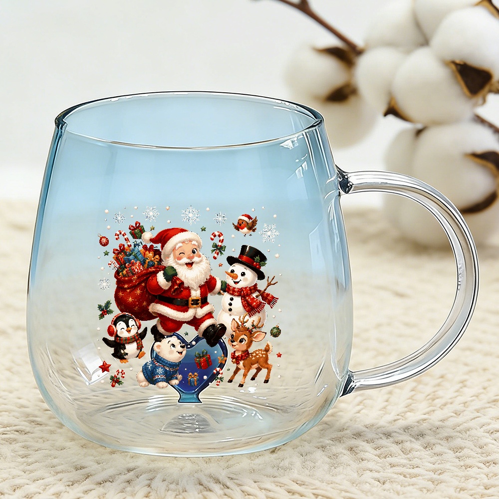 TEMU Mugs For Brewing. Santa Claus Christmas Heart Gradient Glass Mug, Cute Holiday Snowman Reindeer Penguin Printed Coffee Cup, Festive Winter Gift