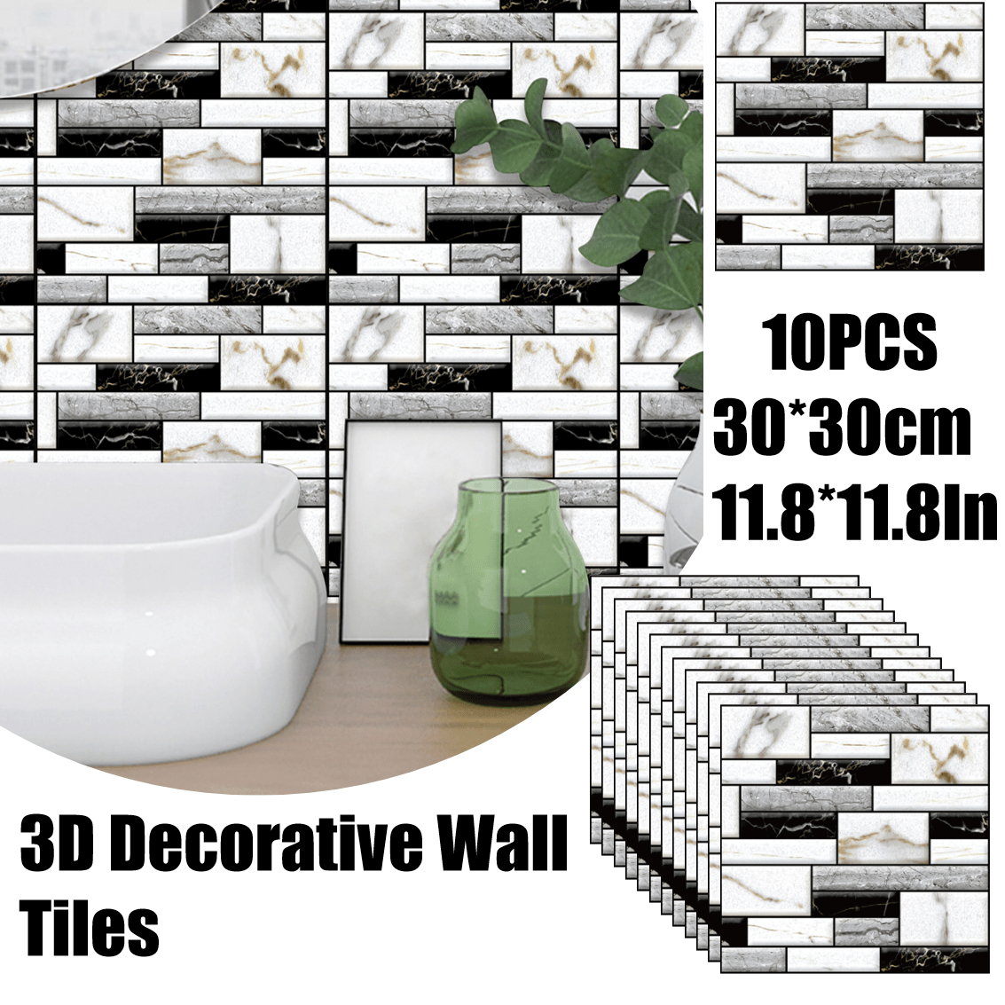 Image of 10pcs Self-adhesive 3d Brick Pattern Wall Sticker - Simulated Tile, Pvc Material, & Stick, Marble Bohemian Style For Bathroom, Bedroom, Kitchen, Living Room, Office Home Renovation Decor