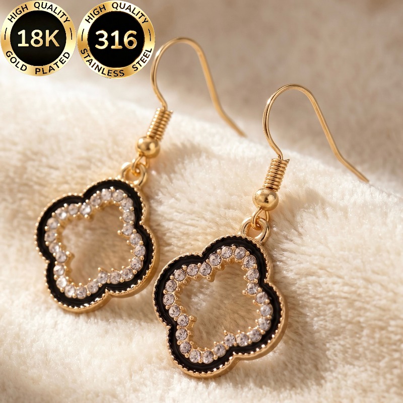 TEMU A Pair Of High-quality Steel 18k Gold-plated Hypoallergenic Earrings For Women, Featuring A Clover Petal-shaped Contour With Synthetic Synthetic