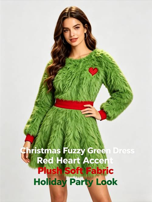 christmas themed green long sleeve dress women heart contrast color waist cinched short dress for gathering role play performance
