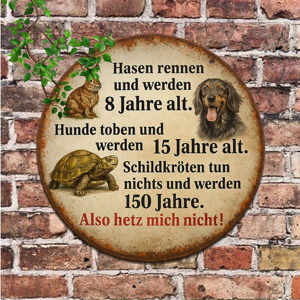 E-shop Retro Metall Wandkunst Plakette - 20.32Cm X 20.32Cm Tier Zitat Dekoration mit Kaninchen, Hund, Schildkröte & lustigem deutschem Text, Ideal für