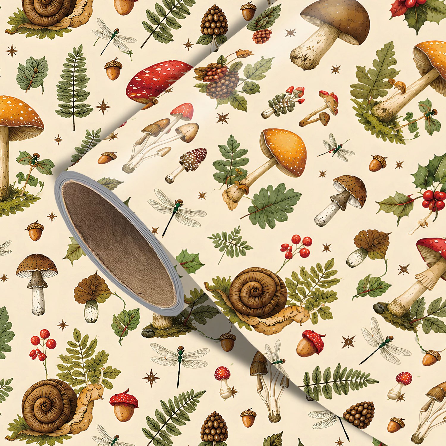 TEMU Vintage Christmas Wrapping Paper Roll - Measures 17.7 Inches X 118 Inches, Retro Woodland Mushroom Snail Dragonfly Print, Wrapping Xmas Gifts,