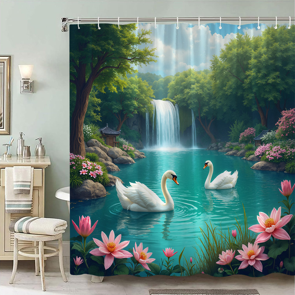 TEMU 1pc Garden Shower Curtain With & Waterfall - Pond & Greenery Design, Bathroom Decor, 70x70 Inches, Includes 12 Hooks, Washable Polyester Fabric,
