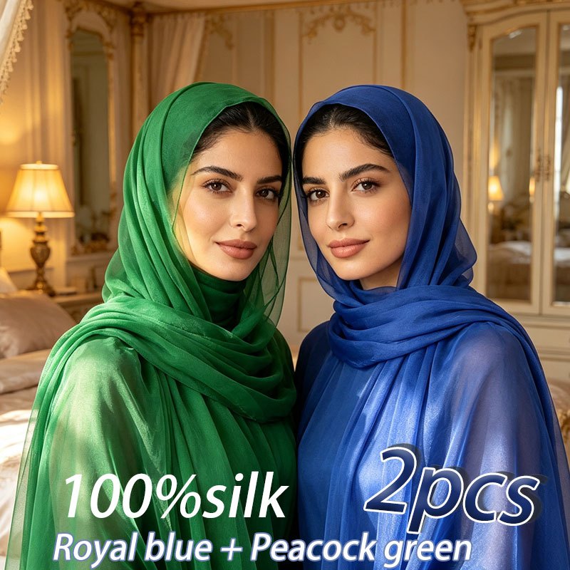 TEMU 2pcs 100% Silk Shawl, Royal Blue And Peacock Green, 170x70cm, European Style, Suitable For , Comfortable And , Ideal For Vacations, Parties,