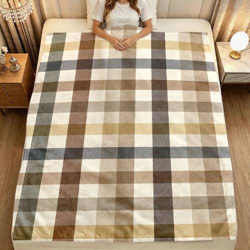 item picture 1pc flannel blanket earthy check beige brown blue print soft and comfortable for air conditioning blanket suitable for living room and for thoughtful gift