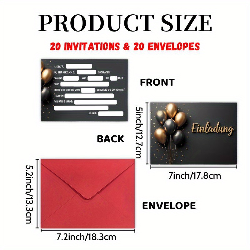 Image of 20 Invitations Letter 20 Cards And 20 Envelopes, German Party - Milestone Birthday Party Cards, Congrats Invites Friend Reunion Graduate Celebrations & Decorations