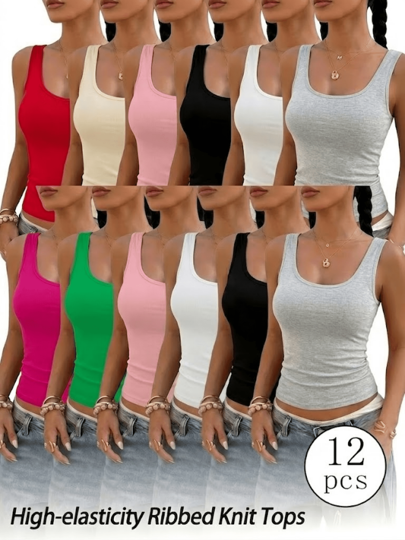 12pcs Women's High-Stretch Ribbed Tank Tops - Multicolor Assortment, Crewneck Sleeveless Basic Layering Undershirts
