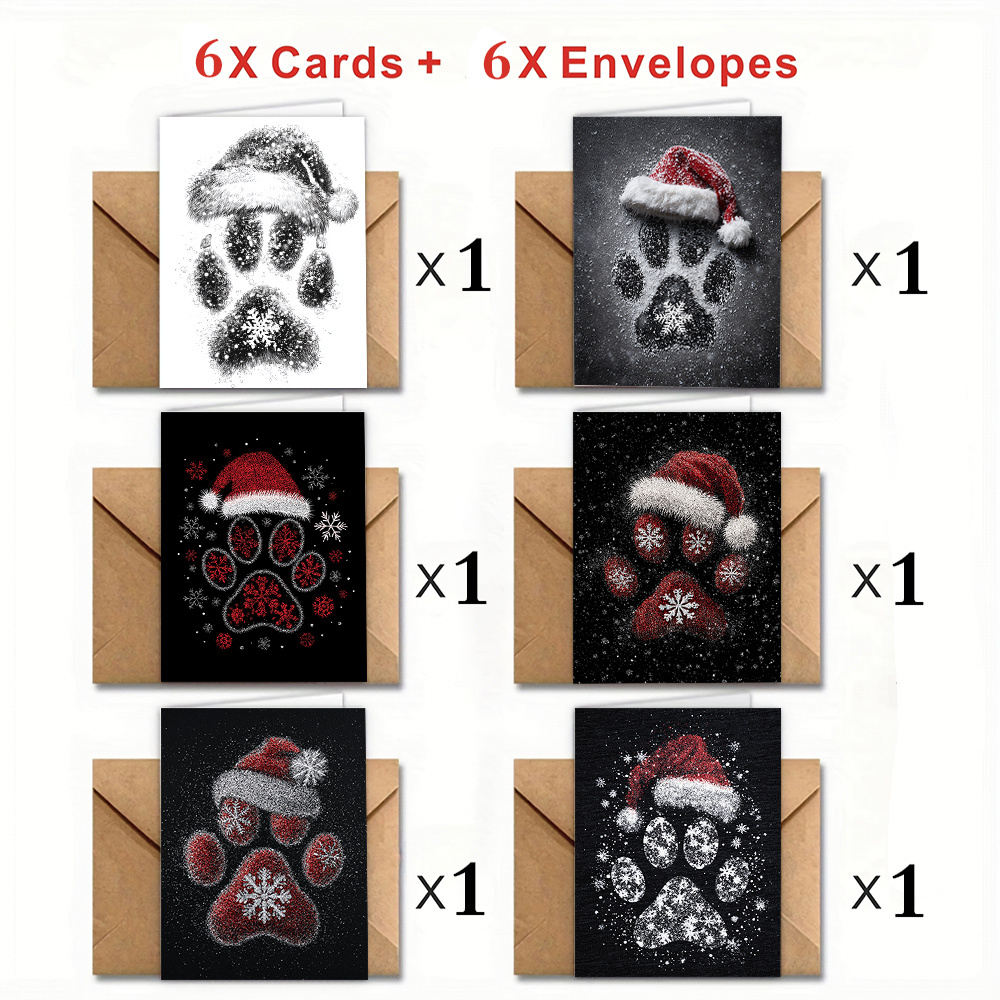 12pcs/24pcs/48pcs Christmas Dog Paw Print Pattern Greeting Cards, 6 Different Element Sets (with Envelopes) Are Suitable For Christmas Festival Parties, Gratitude, Invitations, And A Sense Of Ceremony