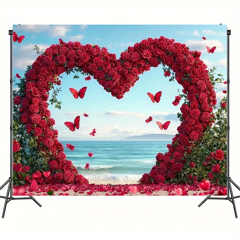 

1pc Romantic Red Roses & Butterflies Beach Valentine's Day Backdrop, Large Polyester Photographic Cloth, Indoor/outdoor Party Banner, Home & , Garage Door Hanging Sign, 100% Polyester