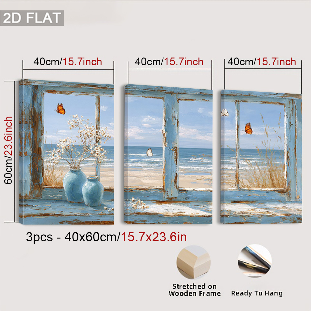 TEMU Piatto 2D, 3 pz Stampe artistiche da parete con vista finestra costiera incorniciate, Poster decorativi con cornice blu invecchiata, Dipinti su
