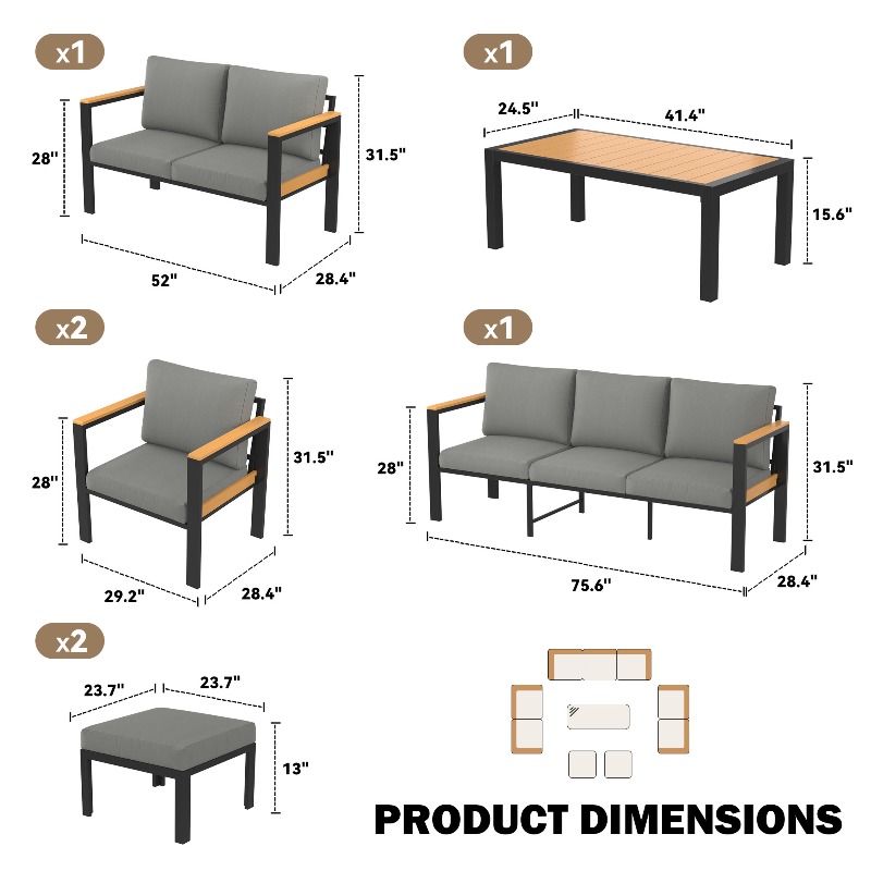 Modern 4/5/7pcs Metal Patio Furniture Set, Outdoor Conversation & Pub Table Set with Coffee Table for Porch, Balcony and Sunroom, Gray