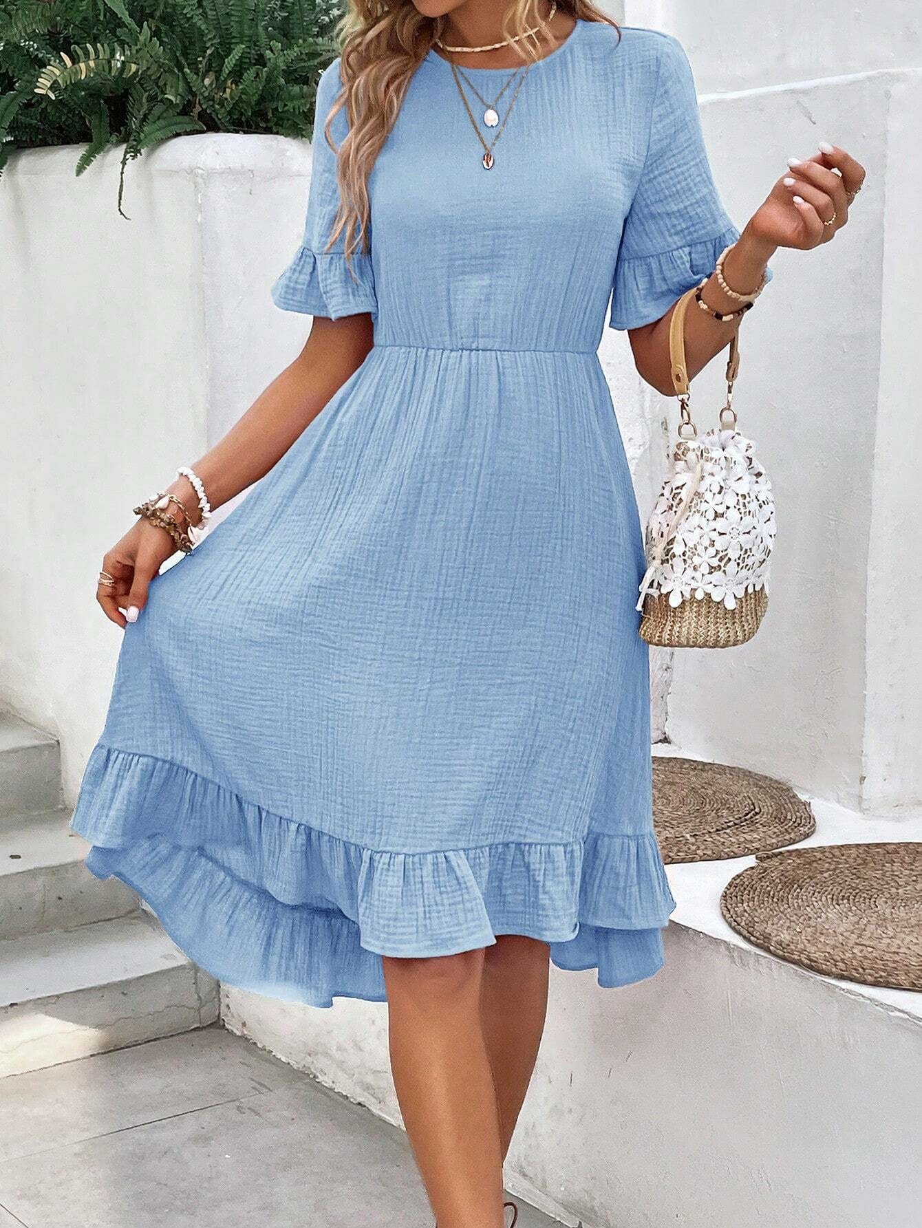 fitted lace wedding dress Floral Work Dresses for Women 2025 Tiered Flowy Office Long Dress Elegant  Business Casual Tie Waist Maxi Boho Dress Patchwork Crewneck Teacher Dress  Mid Length Modest Frocks a Line Tea Party Dress main image 0