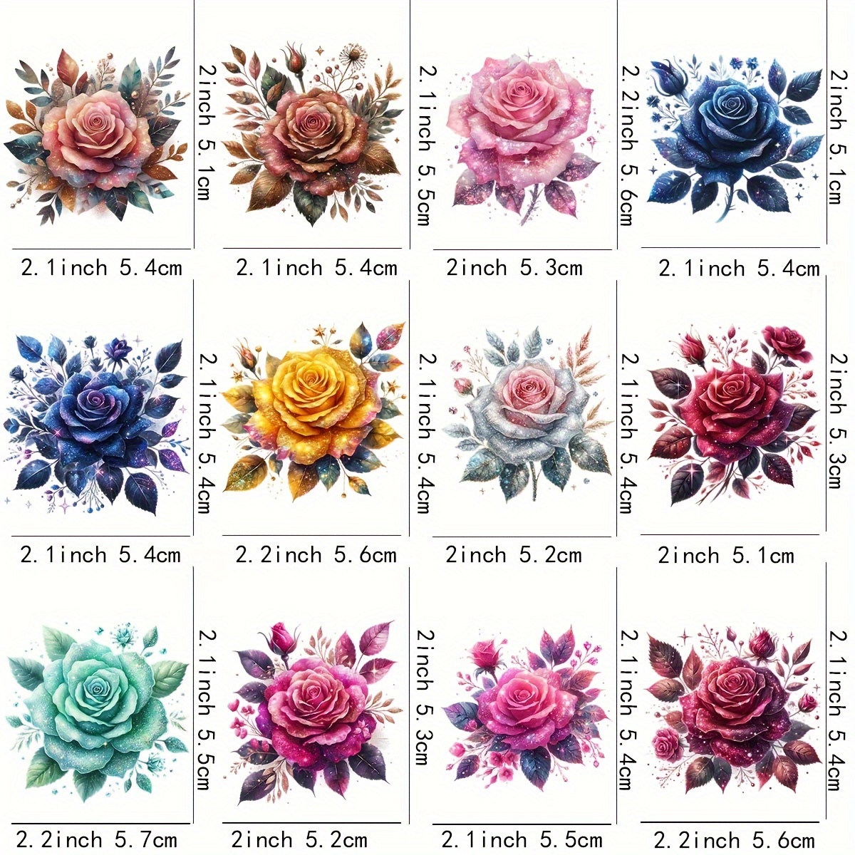 TEMU 12pcs/set Glitter Rose Glass Jar Packaging Plant Style Coffee Cup Uv Dtf High Self-adhesive Packaging Transfer Decoration