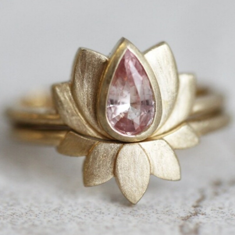 Image of 2pcs Vintage For Lotus Flower Jewelry Set For Women - Kc For Lotus Ring With Pink Synthetic Zirconia Inlay, Elegant Botanical Wedding/anniversary/gift Ring, Daily Wear & Special Occasion