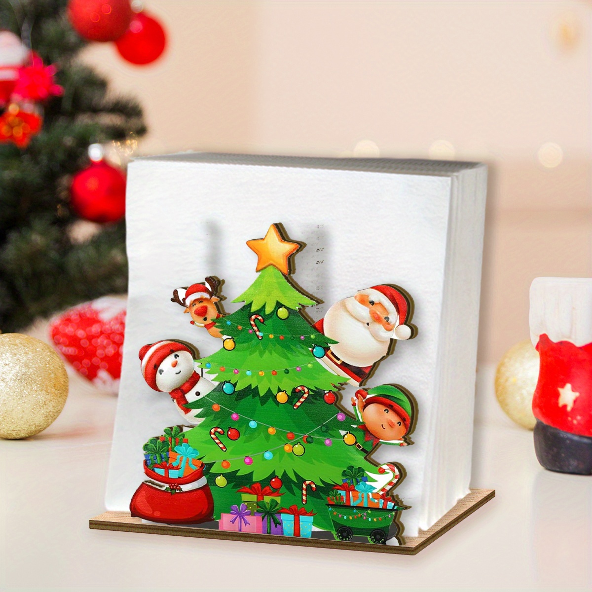 TEMU 1 pieza de mesa navideño estilo - Diseño festivo de y renos, Portavasos de madera, Adecuado para cocina, comedor y decoración de baño, para el