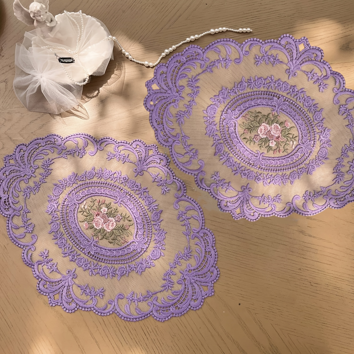 TEMU 2pcs Vintage Placemat, Stylish Embroidered Coaster, Vase Mat, 8.3"x10.63"(purple)