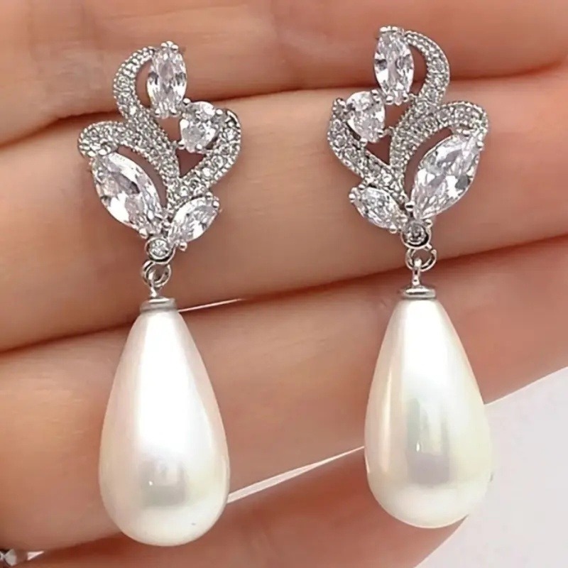 TEMU Orecchini a con zirconia intarsiata a forma e foglia, eleganti orecchini da donna in stile francese, ideali per matrimonio, vacanze e come