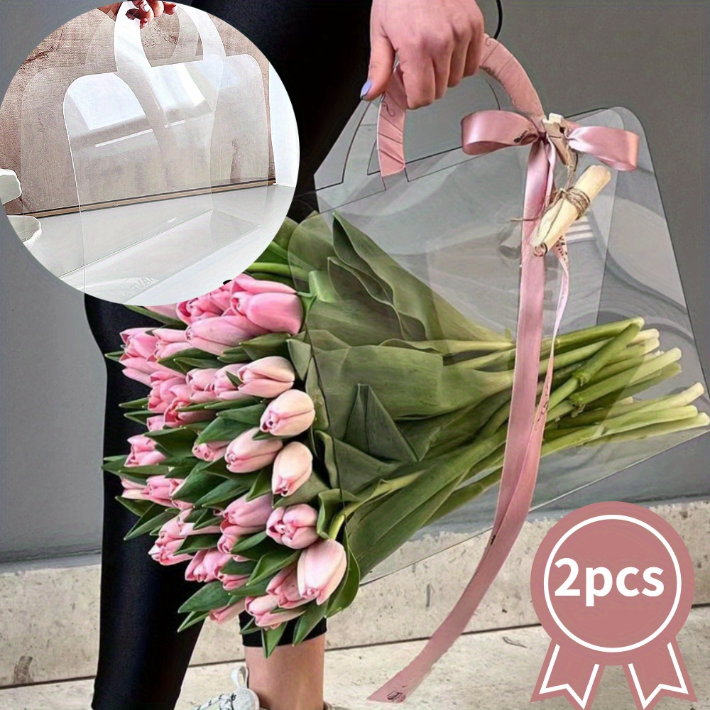 Set of 2, Clear And Simple Flower Packaging Bags with Handles for Weddings, Easy to Carry