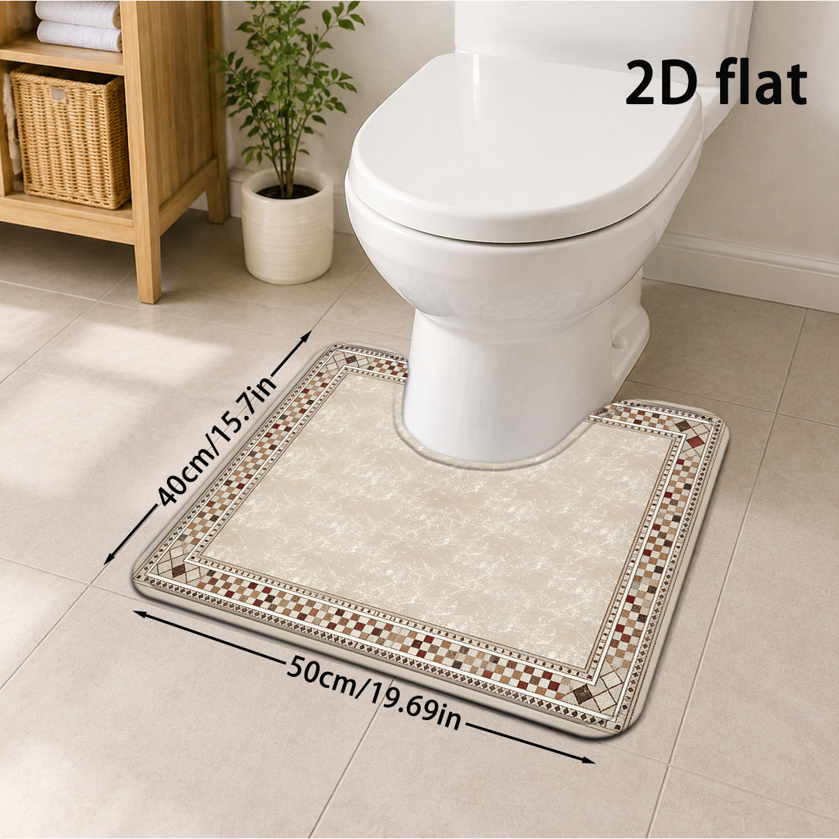 TEMU 2d Flat, 2d Flat 1pc Beige Vintage Geometric Border Marble Pattern Bathroom Mat, Bohemian Vintage Holiday Floor Mat, U-shaped Toilet Mat, Soft