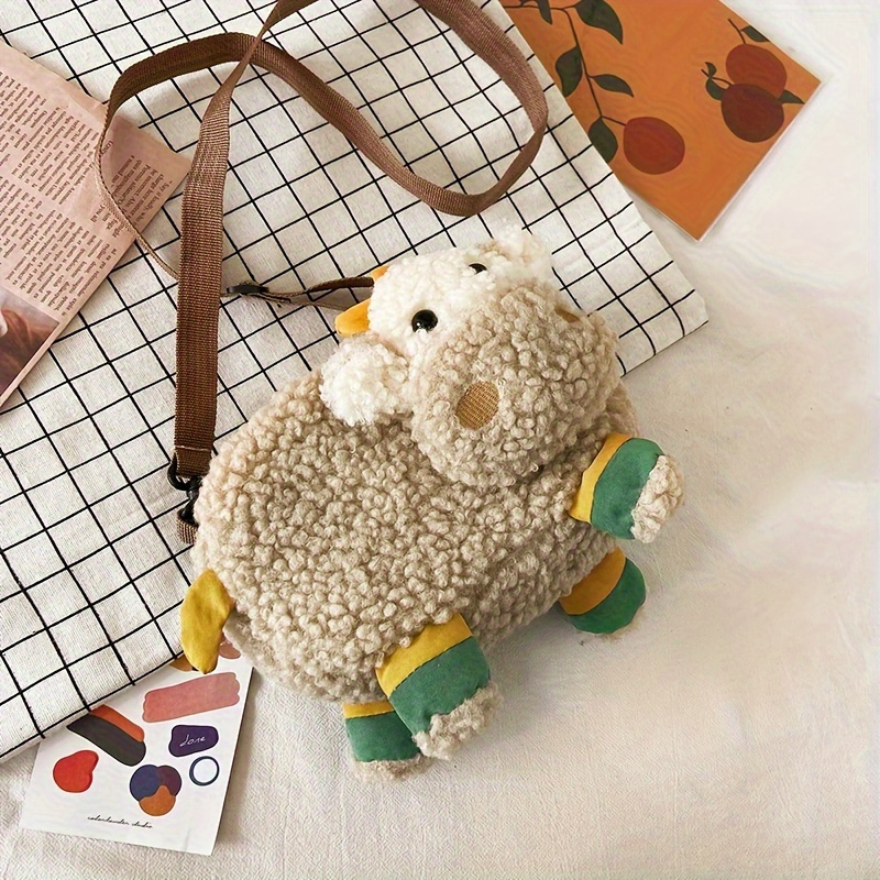 1pc Bolso de peluche de oveja de caricatura - Ligero, gran capacidad, muñeca súper linda con cierre de cremallera, forro de tela lavable a mano, ideal para viajes y regalos de vacaciones, Bolsa de regalo de vacaciones | Accesorio juguetón | Cierre de cremallera duradero, Bolsa de bandolera linda