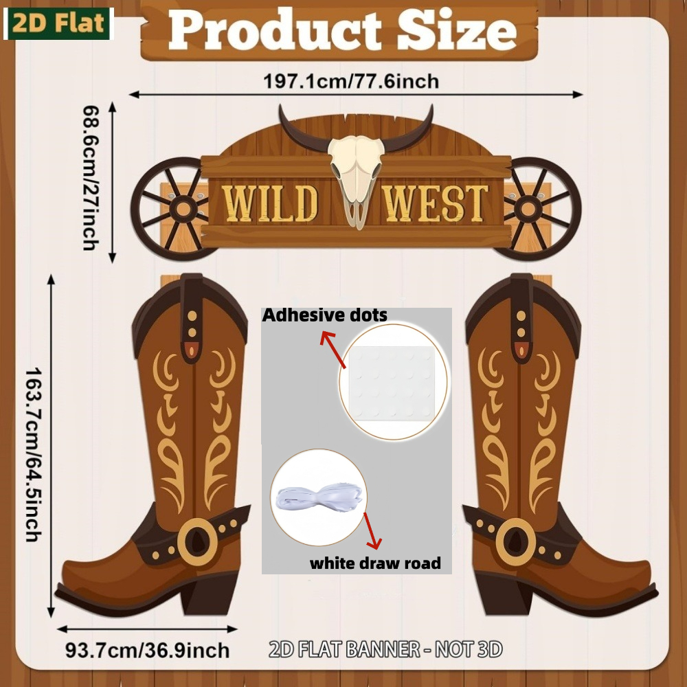TEMU 2d Flat, 3pcs Western Cowboy Banner Backdrop With Western Door Sign & Boot Hanging Decor - Jumbo Suitable For Bar Birthday Photo Studio Props,