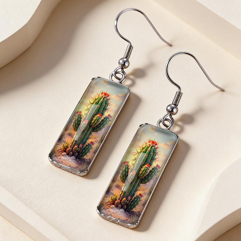 TEMU 1 Pair Flowering Saguaro Cactus Rectangular Earring Fashion Dangle Earrings Handmade Glass Dome Jewelry, Without Battery