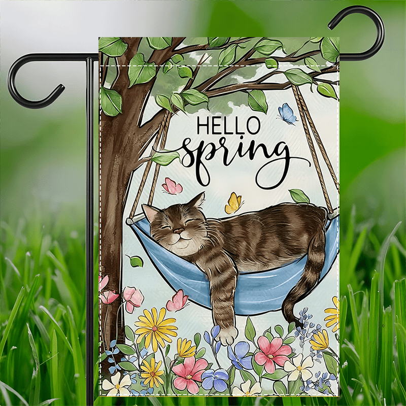 

Spring Cat & Flag - Double-sided, Waterproof Linen Outdoor Decor, 12x18 Inch, Home & Yard