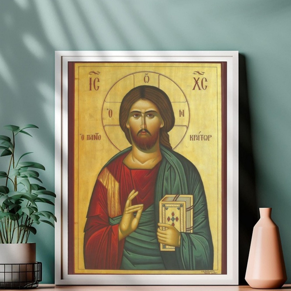 Image of 2d Flat, Byzantine Jesus Christ Canvas Art Print, Orthodox Greek Wall Decor, 2d Frameless Aesthetic Poster, Perfect For Home, Living Room, Bedroom, Unique Gift For , 2d,halloween Christmas Decor