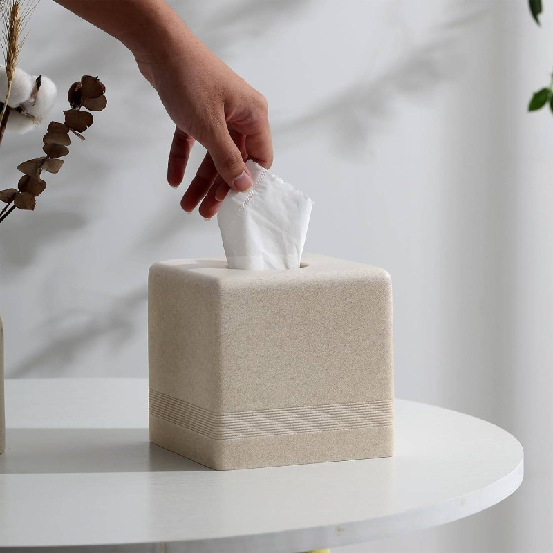   resin tissue box cover & dispenser - beige with white trim, durable rectangular holder with rounded corners, space-saving design for bathroom, kitchen, living room, office - decorative toilet paper storage in beige,, brown, gray tones - easy to clean & scratch-resistant, tissue holder bathroom Product details 1