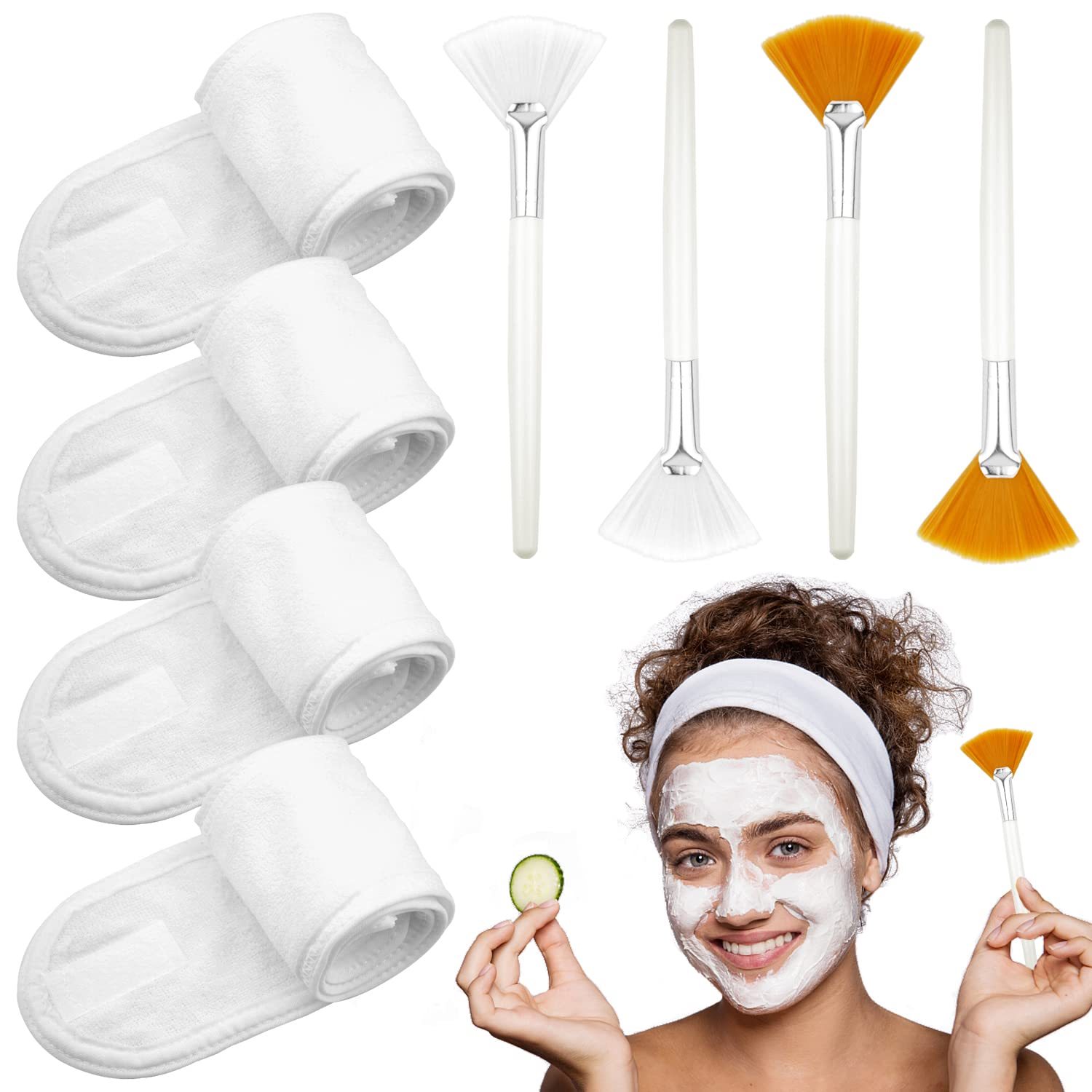 TEMU 8pcs Adjustable Towel Headbands For Washing Face With 4pcs Fan Brushes, Facial Mask Brush And Spa Facial Headbands For Women And Grils Skincare