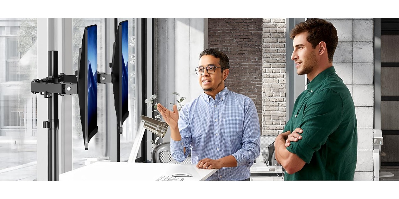 HEYMIX Dual Monitor Stand Heavy-Duty Adjustable Height Arm Mount for 2 Screens, Dual Arm Desk Mount Compatible for 17-32” LCD TVs/Laptops, Space-Saving Computer Desk Mount for Gaming Setup & Office, Height Adjustable Monitor Bracket