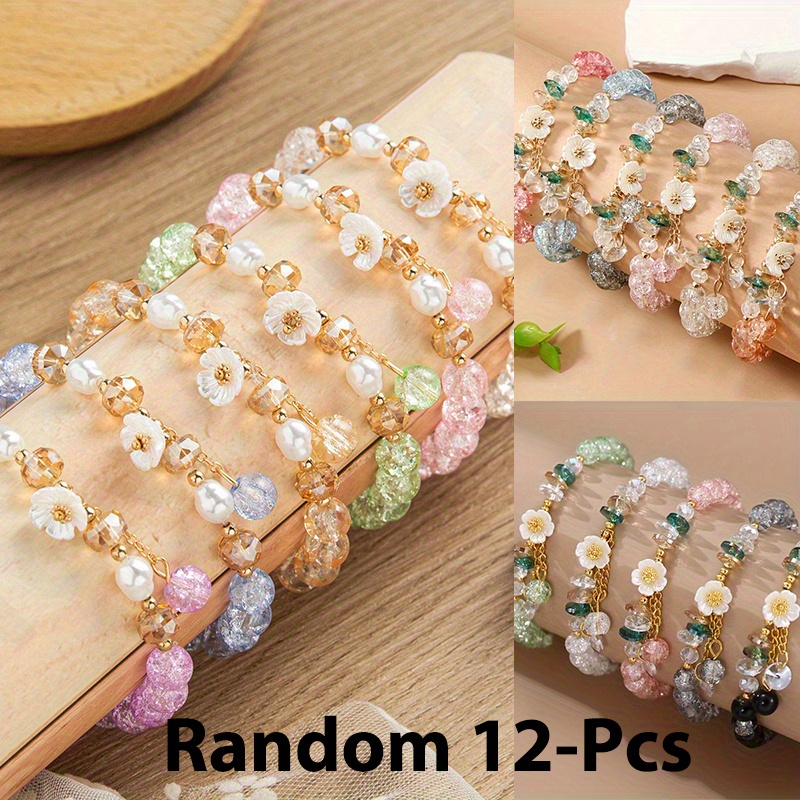 TEMU 12pcs Vintage Women Glass Flower Beaded Bracelet Set | Elegant Colorful Charm Flower Beads, Adjustable Stackable Bracelets, Vibrant Handmade