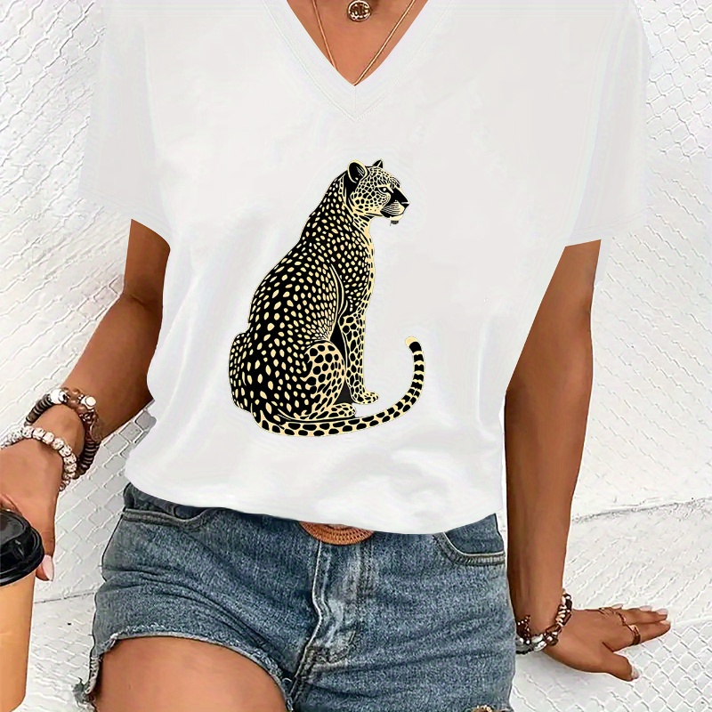 

T-Shirt à Col en V Imprimé Léopard pour Femme, Manches Courtes, Haut Décontracté pour l'Été & , en Polyester, Lavable en Machine, Tee-shirt Animal Blanc, Chemise à Imprimé Léopard