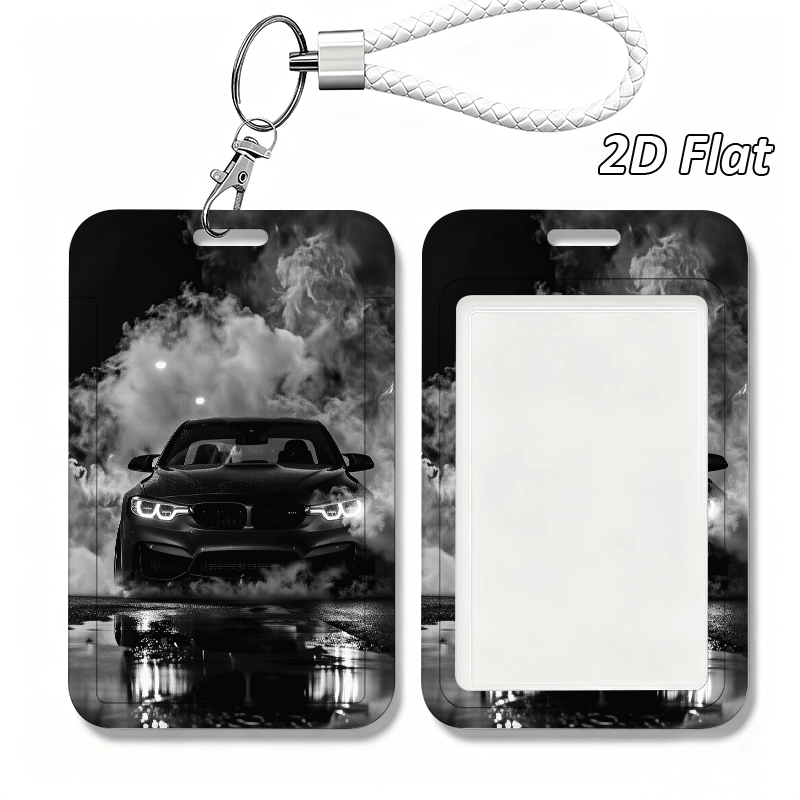 TEMU 2d Flat Car Smoke Reflection Print Pattern Holder Set With Lanyard Keychain, Durable Plastic Card Holder. Suitable For Id Storage: Transit Card
