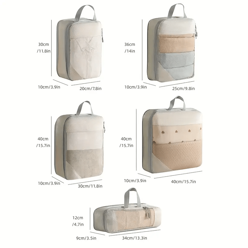 Set of 5 Lightweight Compression Packing Cubes for Travel, Durable Luggage Organizers in Beige and Black