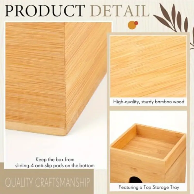natural bamboo tissue box cover with removable storage tray decorative cube organizer with vertical slats design fits standard 6x6 tissues rustic modern holder for bathroom bedroom saving storage 7 4 h Product details 3
