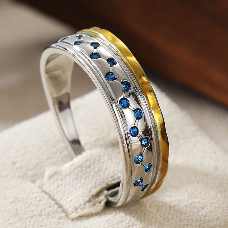 Two-tone Stitched Ring with Hammered Texture, Retro and Modern Style
