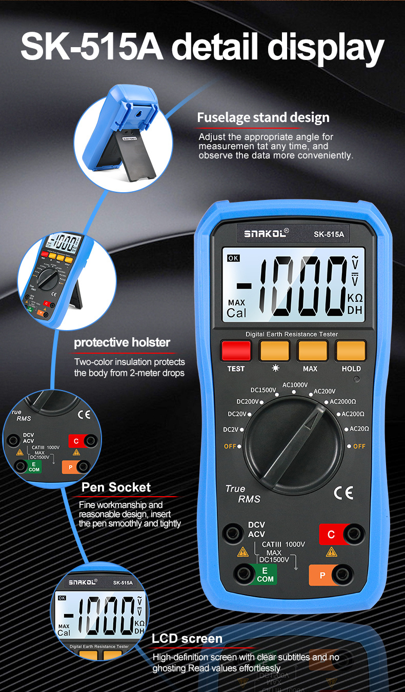 SNAKOL SK-515A Digital Earth Resistance Tester High Accuracy Measurement AC/ DC Voltage Detection Drop-proof Backlit Design