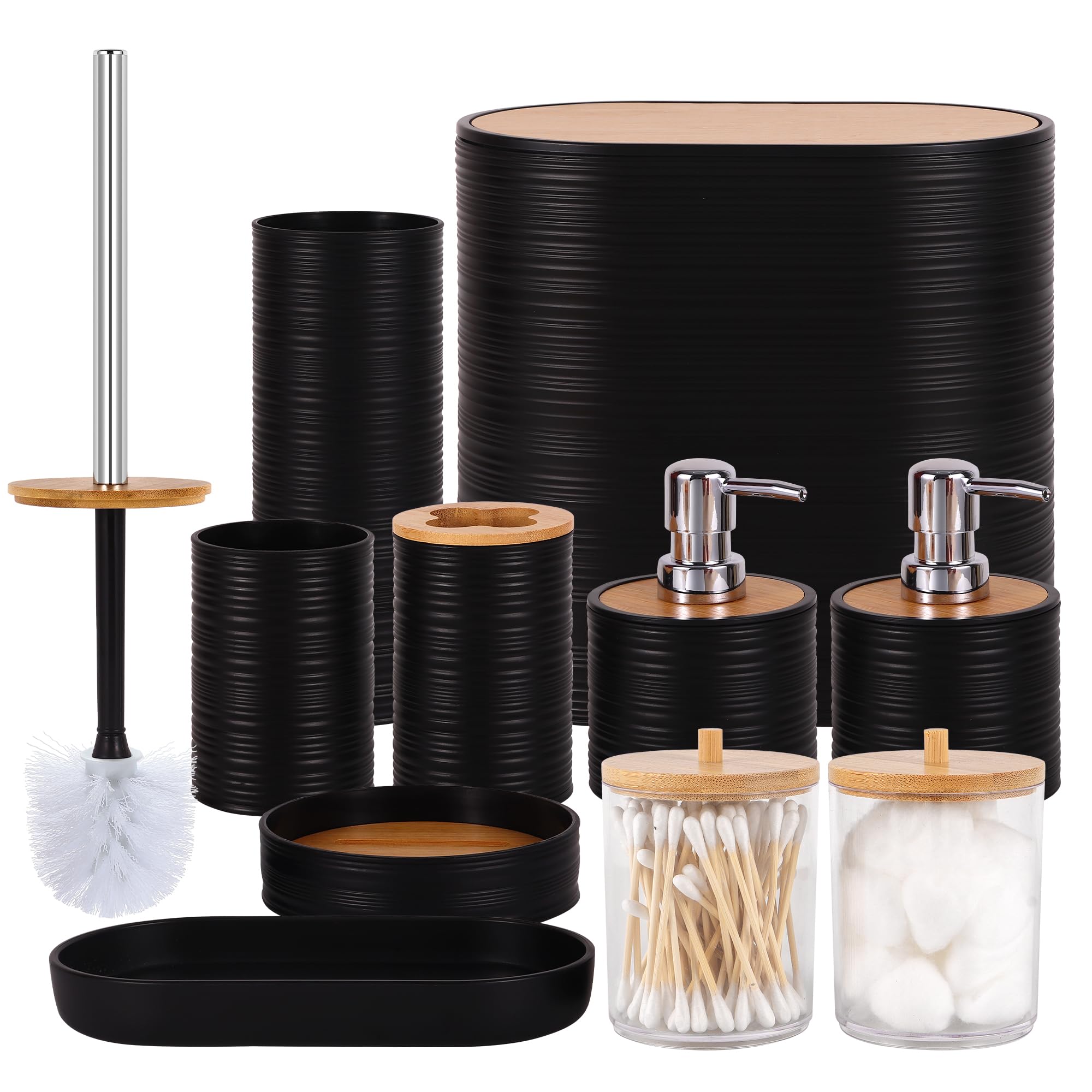 TEMU 10pcs Black Bathroom Accessory Set Complete Kit With Trash Can, Toothbrush Holder, Soap Dispenser, Cup, Vanity Tray, Soap Dish, Toilet Brush &