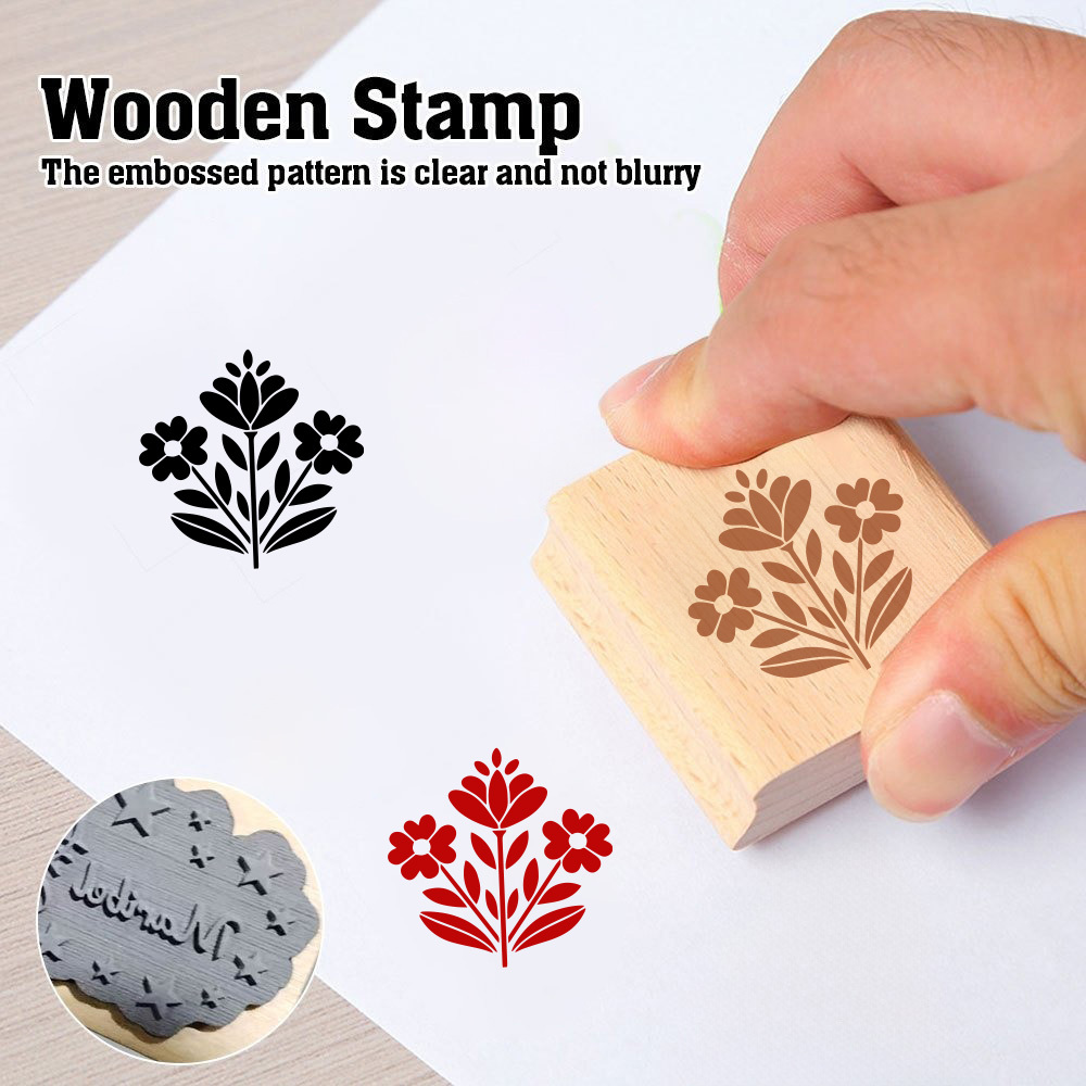 Vintage Natural Wood Rubber Stamp with Flower Design