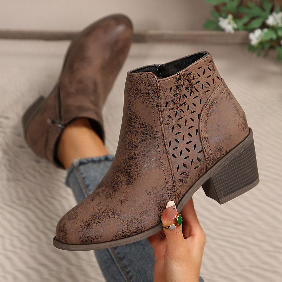 TEMU Women's Chunky Heel Mid-calf Slip-on Ankle Boots With Laser-cut Design - Fashion Boots, Stylish Openwork Zipper Ankle Boots, Suitable For ,