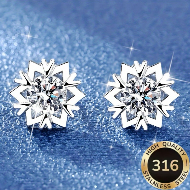 TEMU 1 Pair Of High-quality Steel Hypoallergenic Light Luxury Elegant Snowflake Petal-shaped Stud Earrings For Women, With Synthetic Synthetic