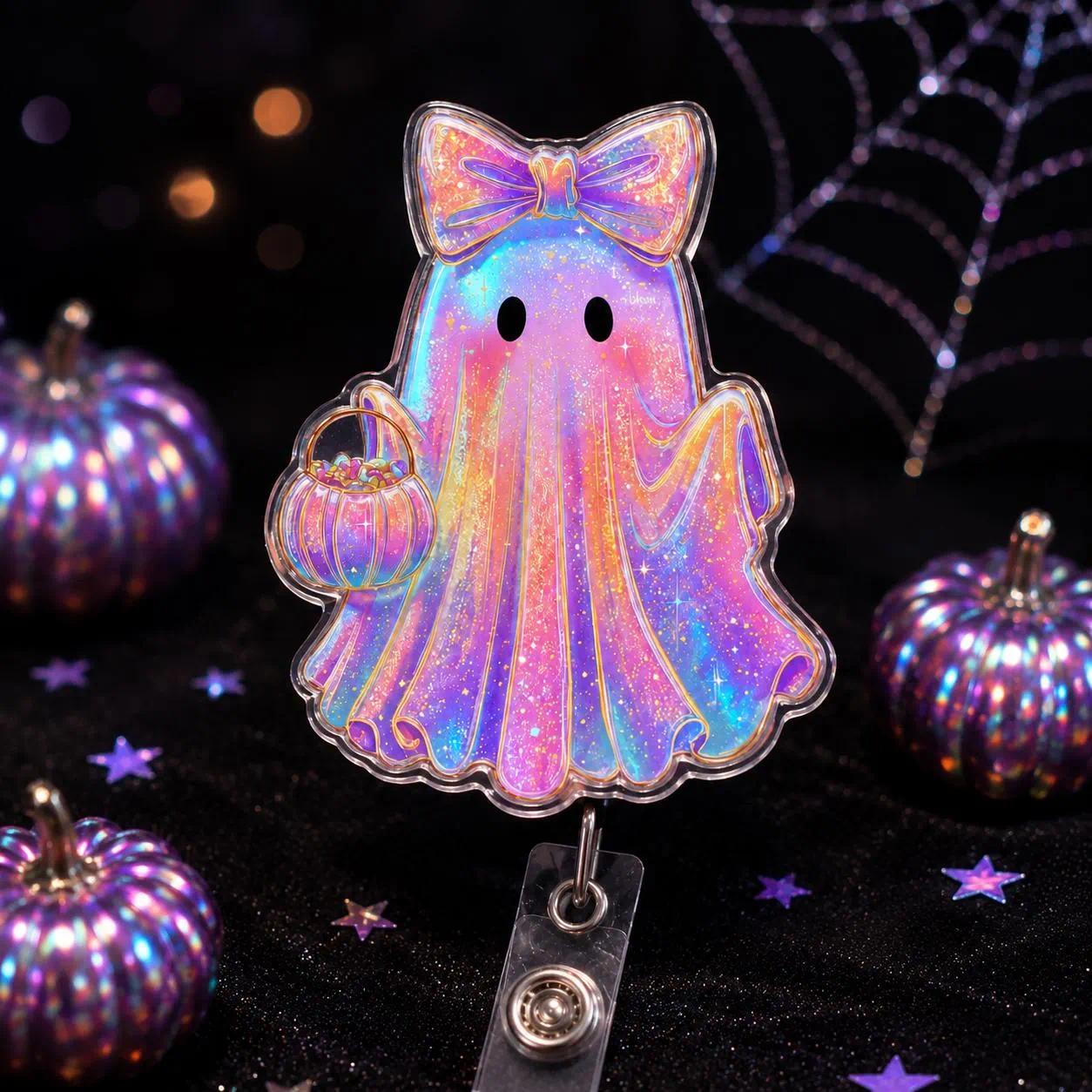 TEMU Porte-badge holographique 2D, Porte-carte d'identité rétractable d'Halloween, Pince à badge en acrylique , Cadeau de badge et effrayant pour