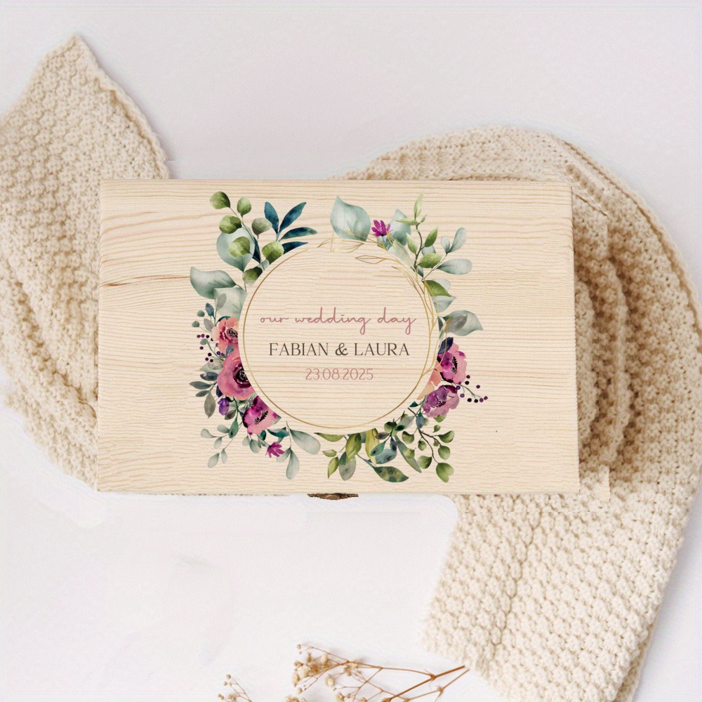 TEMU Personalized Wedding Gift Box With Couple Names & Date - Retro Lid Suitable For Crafts, Wood Box For Wedding Favors,, Photo Display, Name/text